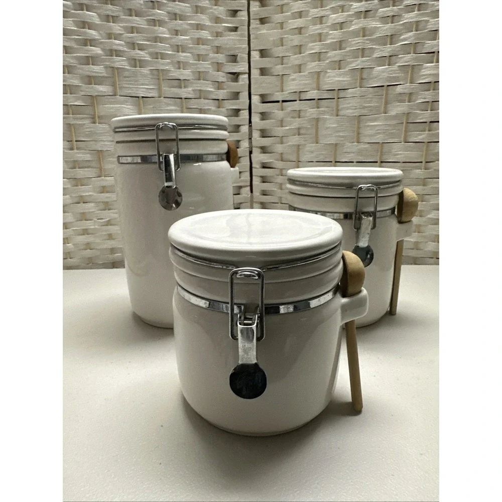 China 3 piece Canister Set W/ Wooden Spoons White Locking Lids